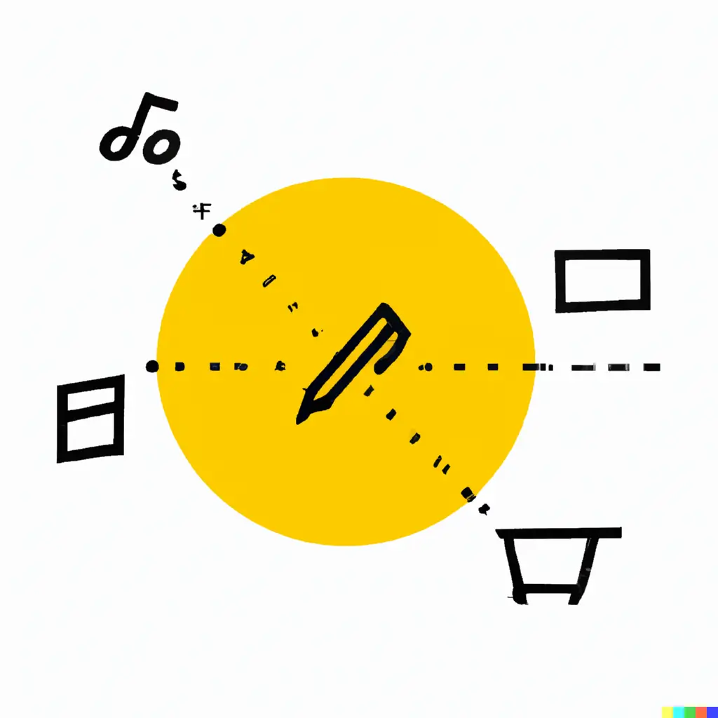 A minimalist, crisp visual with a dominant white background. In the center, an abstract, vibrant yellow tool symbolizing SwiftSchema is encircled by dotted lines connecting various simple black icons. These icons represent the diverse types of schemas - a notebook for articles, a cart for e-commerce, a musical note for music, and more. The emphasis is on the ease and diversity of schema generation, without any direct textual representation.